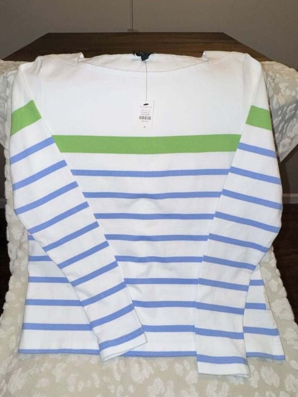 Talbots Women's White Blue Green Striped Long Sleeve Boat Neck Petite Tee